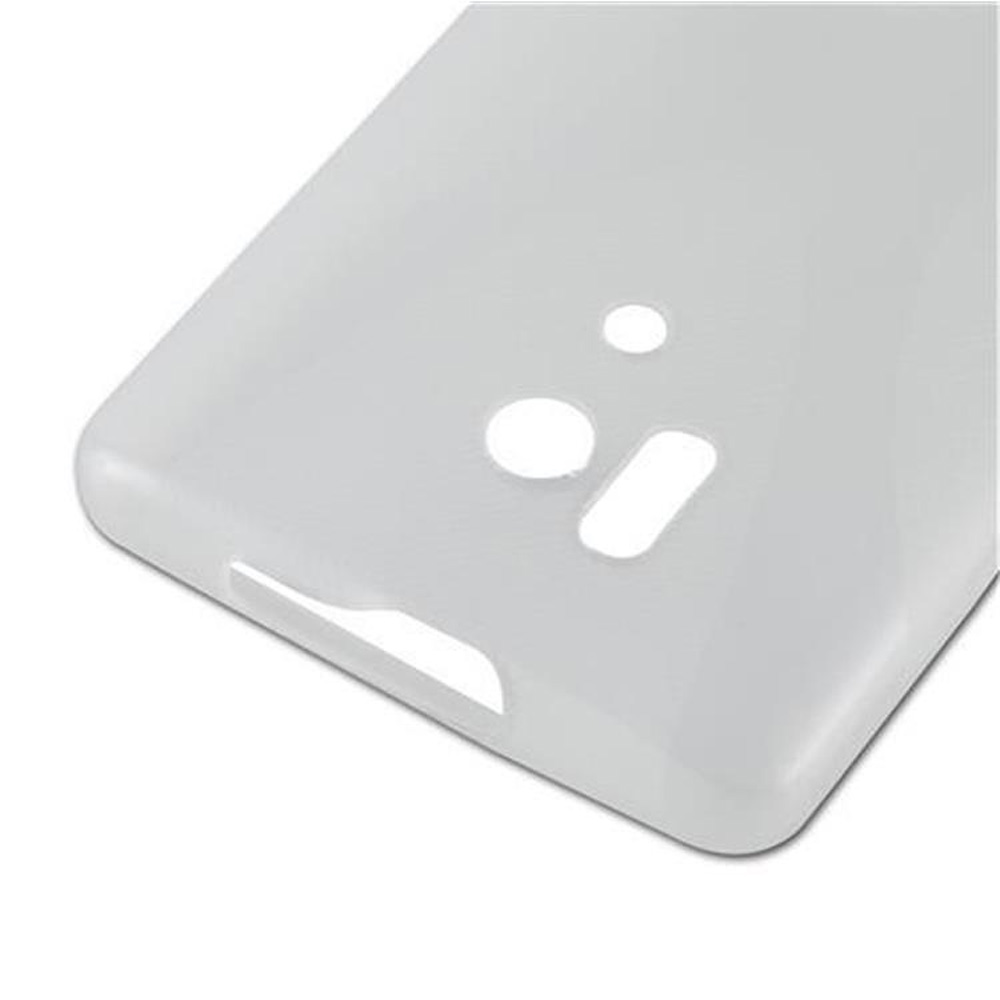 Custodia bianca per telefono con ritagli per fotocamera e porte.