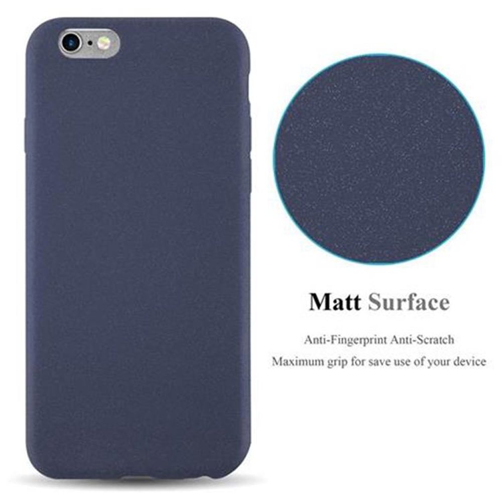 Custodia per telefono blu scuro con finitura opaca, più un primo piano della superficie. Testo: 'Matt Surface'.