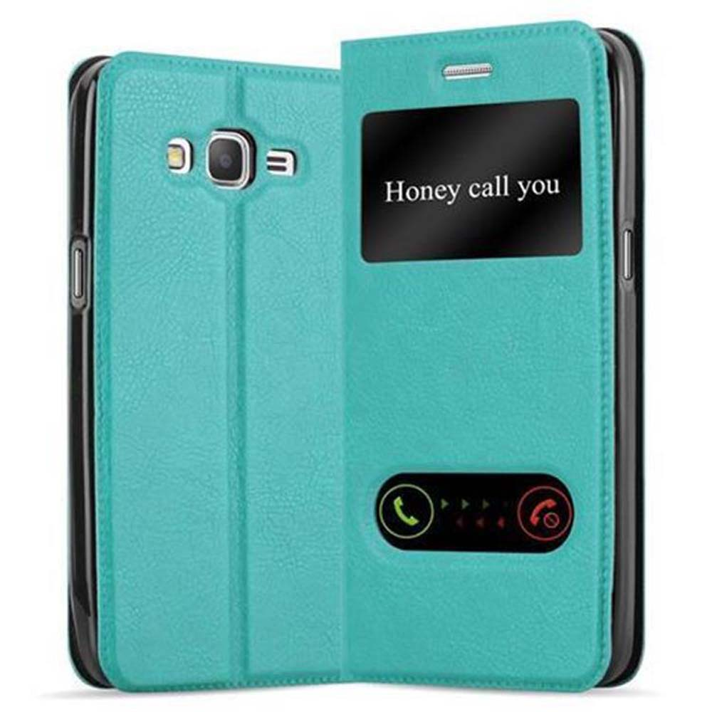 Una funda turquesa se abre para revelar la pantalla del teléfono. La pantalla muestra "Honey call you".