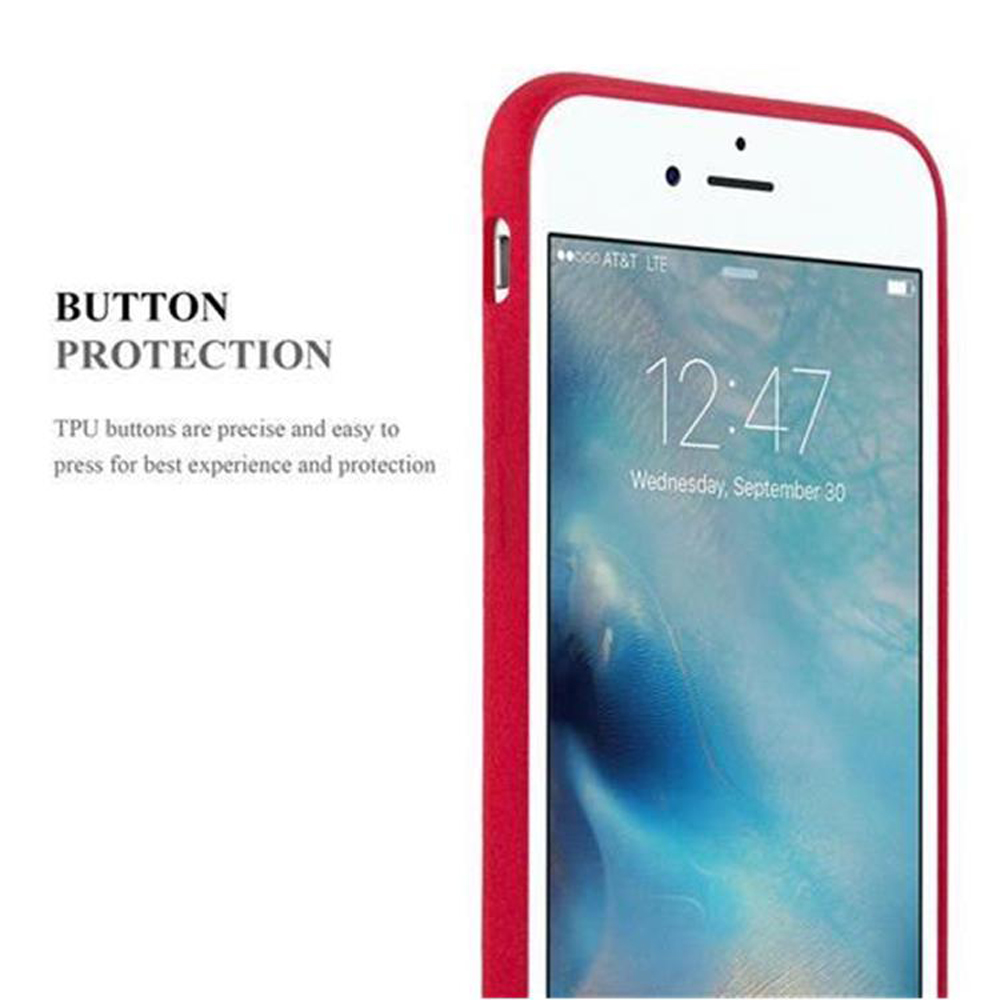 Una custodia rossa protegge un iPhone bianco. Lo schermo mostra l'ora e la data.