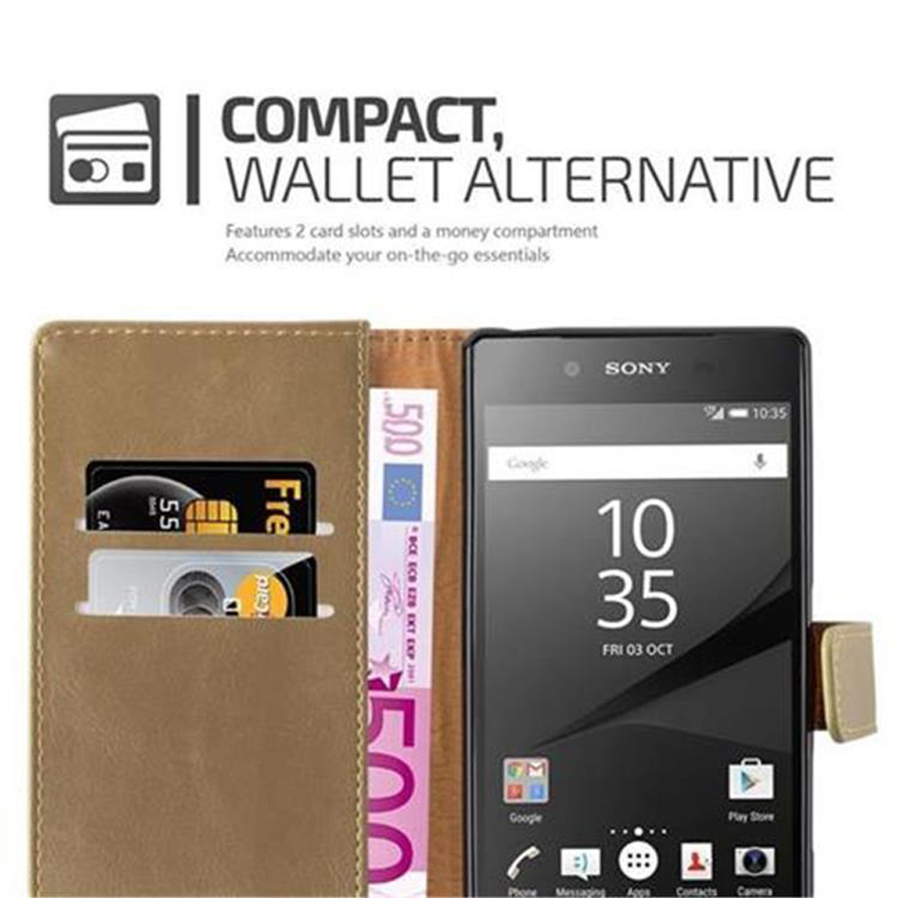 Telefono in una custodia a portafoglio con denaro e carte. Compatto, alternativa al portafoglio.