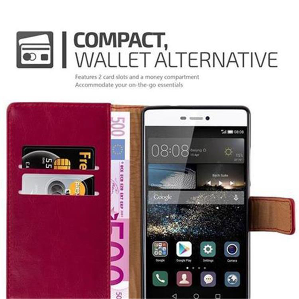 Custodia rossa con telefono dentro. Schermo visibile. Carte e denaro mostrati.