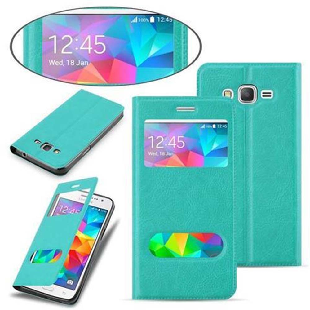 Funda de teléfono turquesa con un teléfono dentro, que muestra la hora. Se muestran múltiples ángulos.