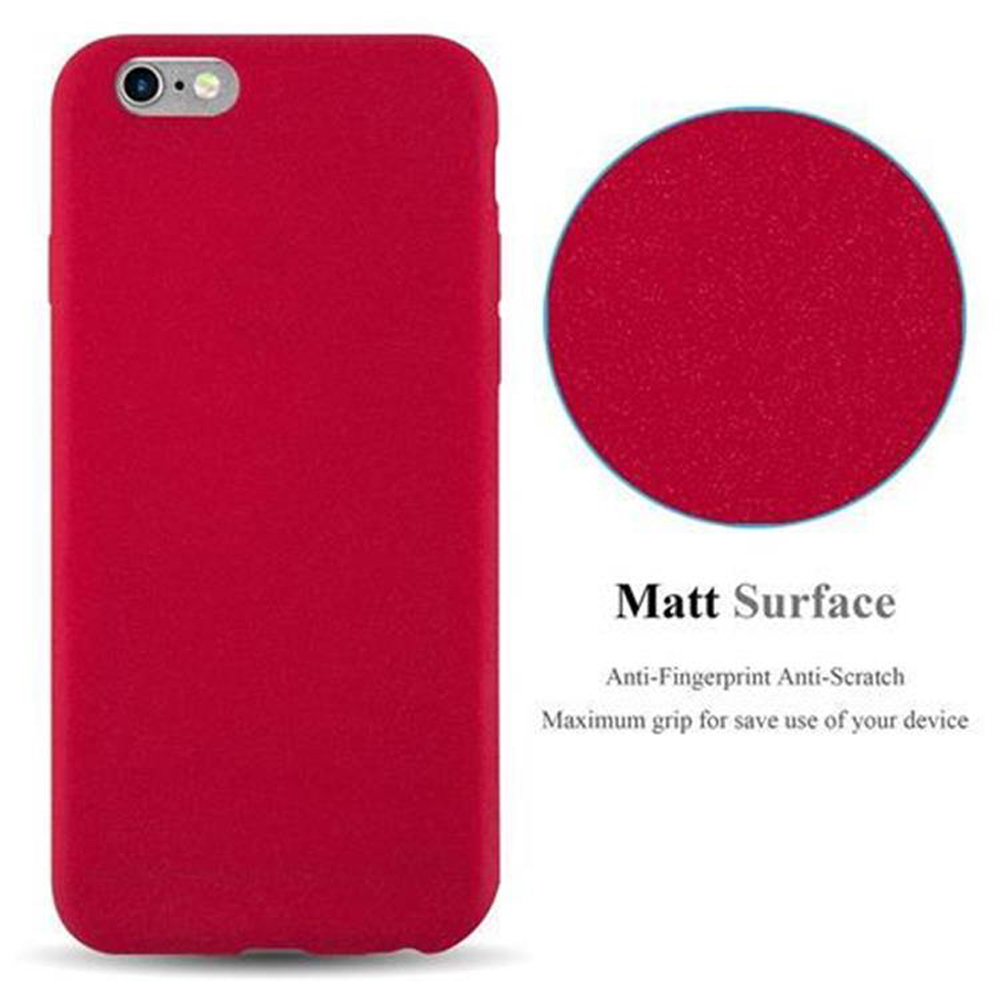 Custodia per telefono rossa, con un telefono all'interno. Testo circolare bianco e superficie rossa. Superficie opaca.