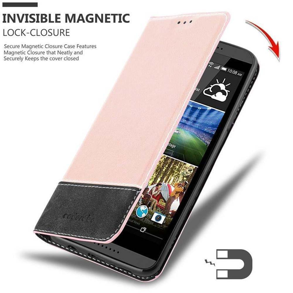 Telefono all'interno di una custodia a portafoglio rosa. La custodia è aperta. Chiusura magnetica invisibile mostrata, con una freccia.