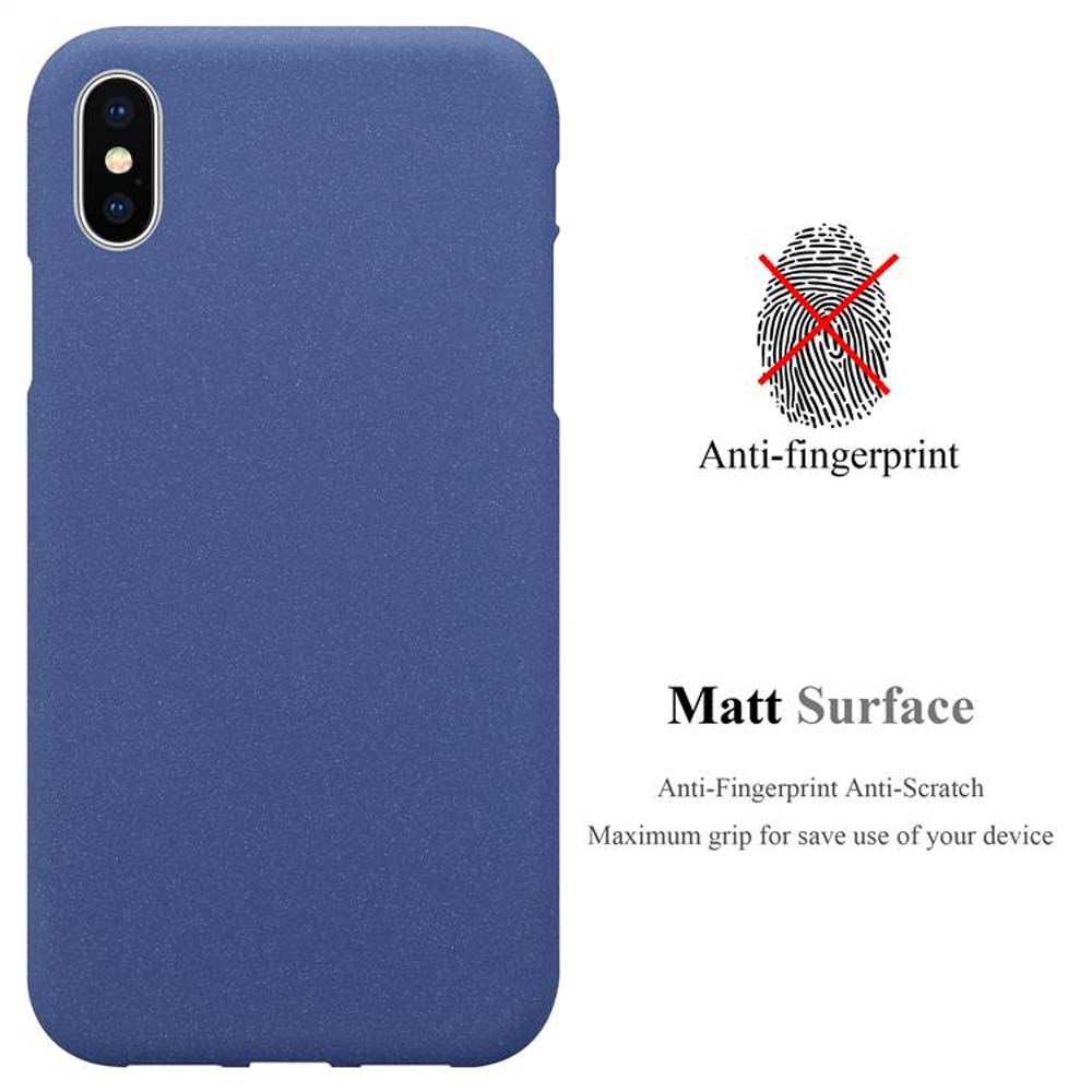 Custodia per telefono blu. Il testo recita 'Anti-impronte' e 'Superficie opaca'. Un'impronta digitale è barrata.