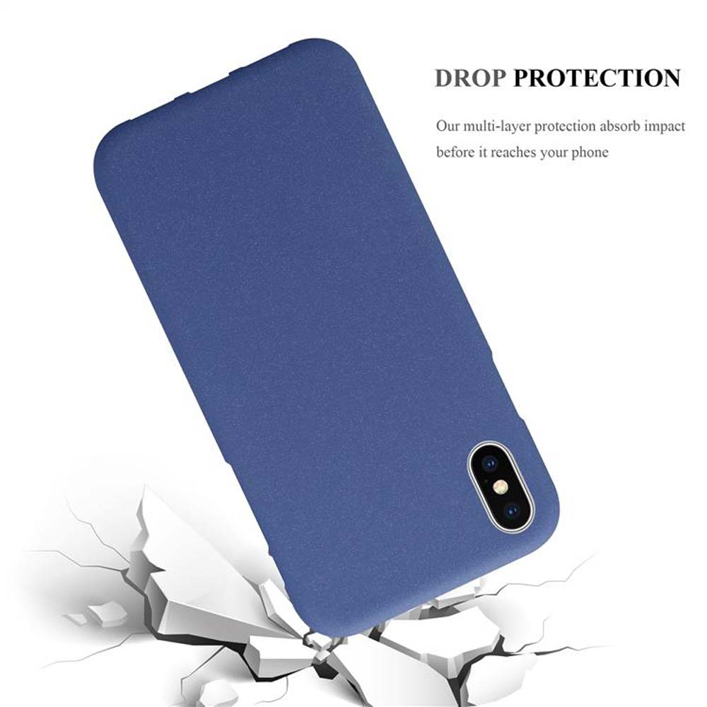 Custodia blu per telefono che cade su una superficie rotta. La custodia del telefono è blu. Il testo dice 'Protezione dalle cadute'.