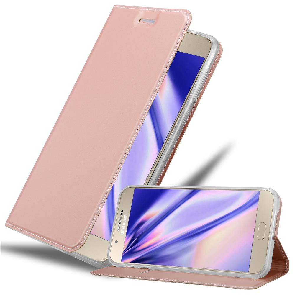 Custodia rosa, aperta, mostra un telefono. Sfondo bianco.