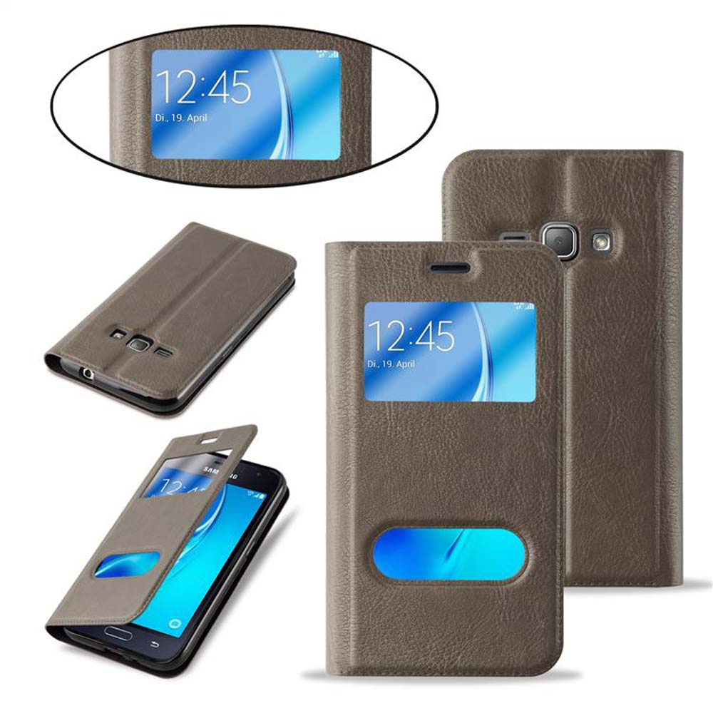 Funda de teléfono marrón con ventana. El teléfono es visible.