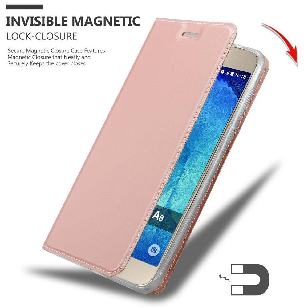 Custodia rosa, aperta, rivela smartphone. Chiusura magnetica. Modello A8 visibile.
