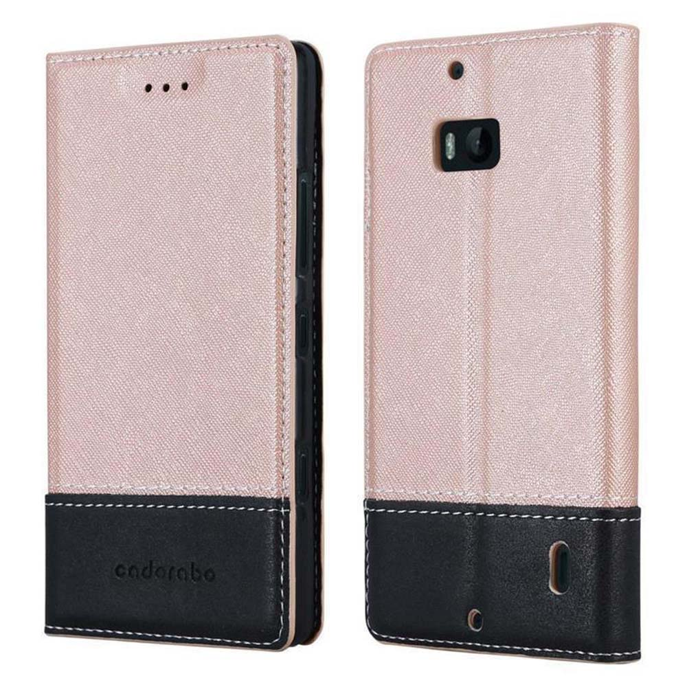 Custodia per telefono rosa e nera, chiusa e aperta. Dettagli includono cuciture e il nome del marchio.