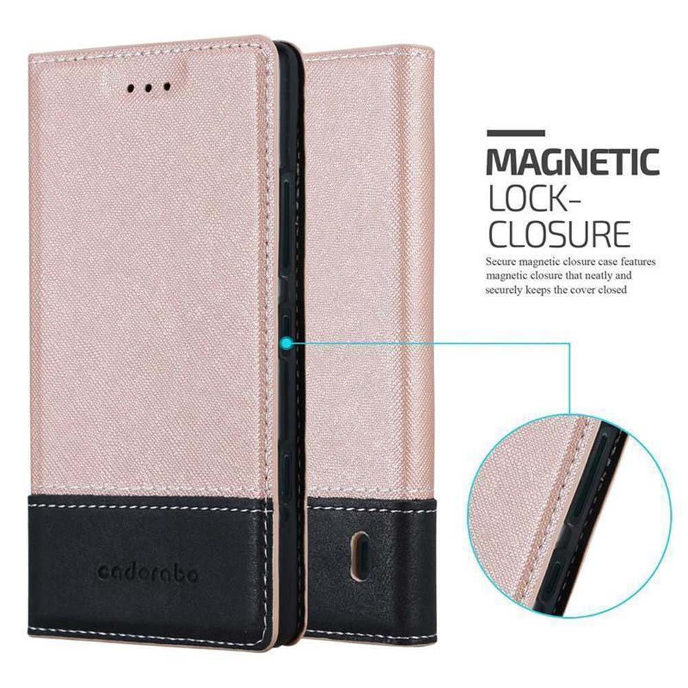 Custodia rosa con chiusura magnetica e dettagli neri.