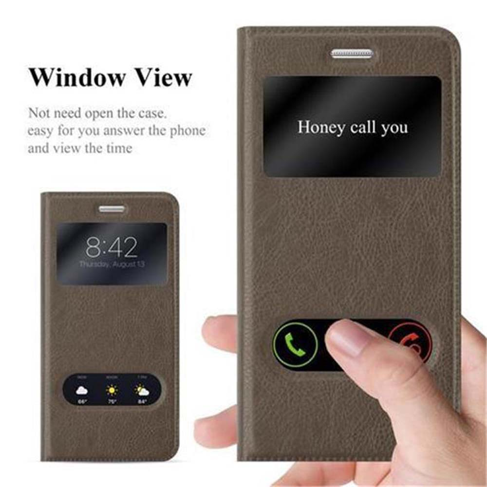 Un teléfono en una funda con ventana, mostrando una llamada telefónica.