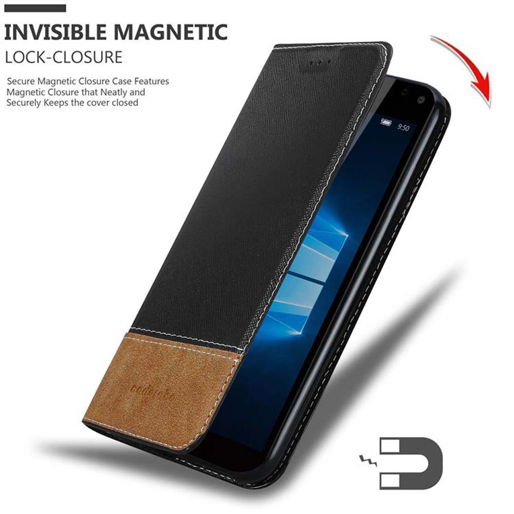 Funda de teléfono abierta, con una cubierta de patrón negro y marrón. Texto y imán presentes.