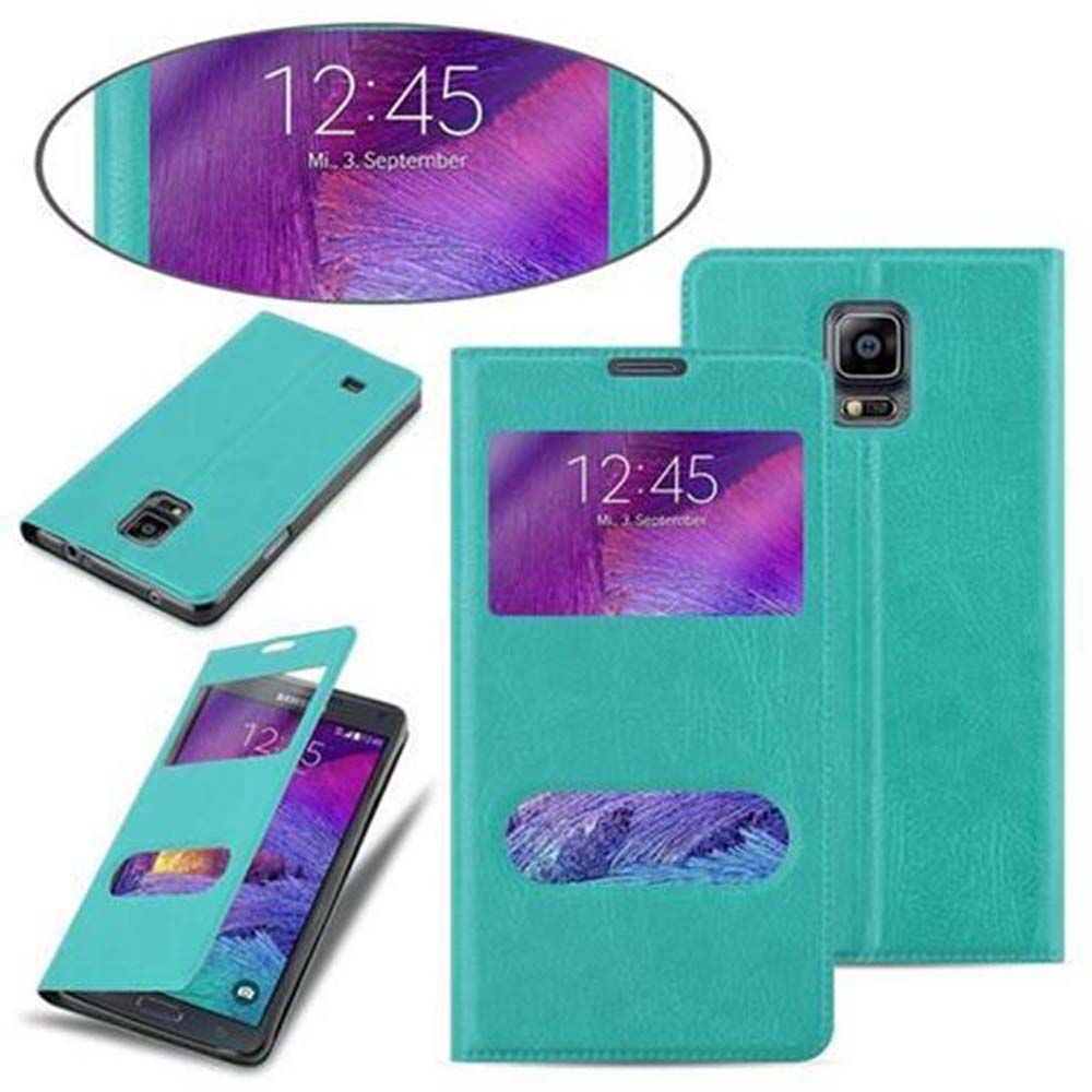 Custodia per telefono verde acqua con telefono all'interno. Mostra lo schermo e il design della custodia.