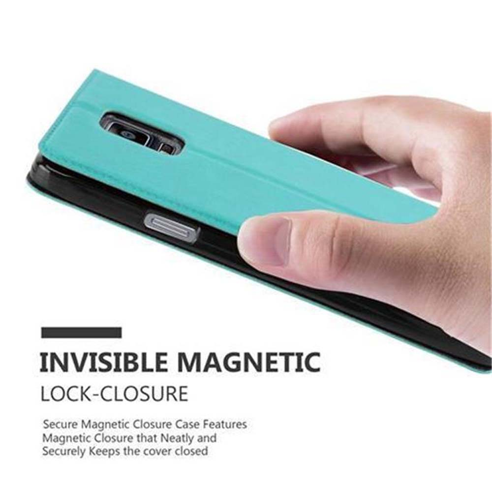 Mano tiene una custodia turchese, testo descrive chiusura magnetica invisibile.
