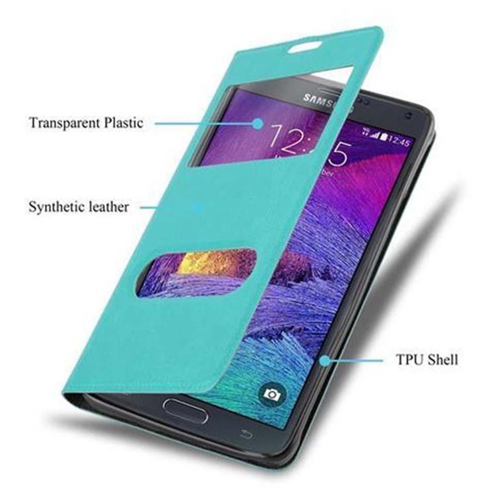 Un telefono in una custodia turchese, aperto per rivelare lo schermo. La custodia è realizzata in plastica trasparente e pelle.
