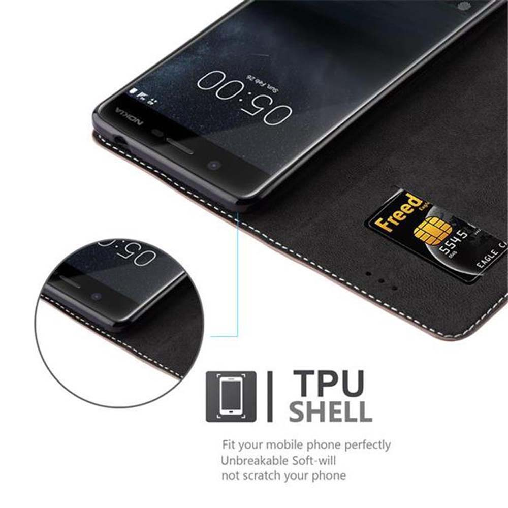 Un telefono dentro una custodia per telefono nera. Una carta di credito è all'interno della custodia. Il testo dice 'TPU SHELL'.