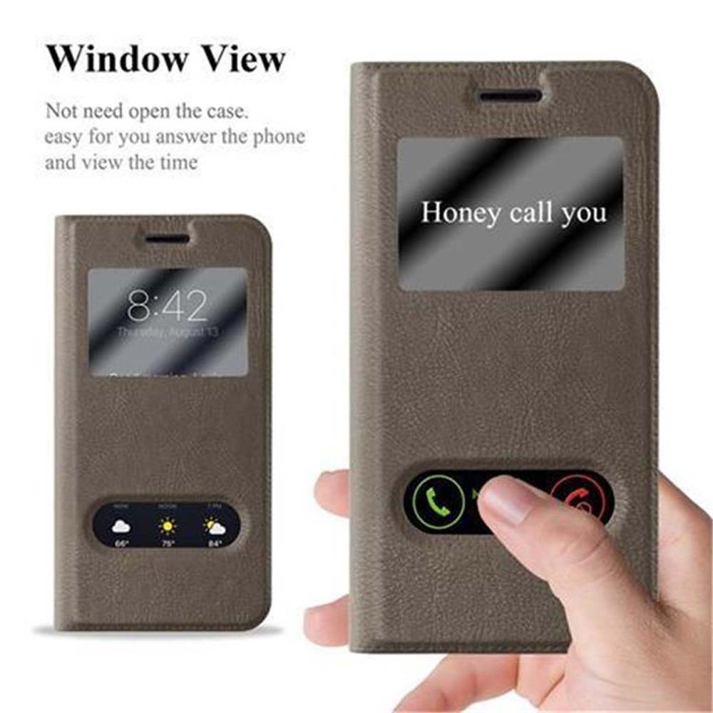 Funda de teléfono gris con vista de ventana. La pantalla del teléfono muestra la hora y una notificación de llamada.