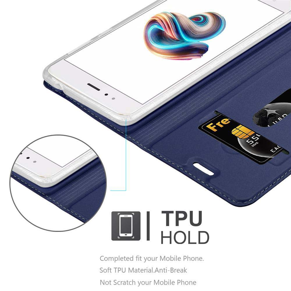 Custodia blu con telefono dentro e carta di credito. TPU HOLD in basso.