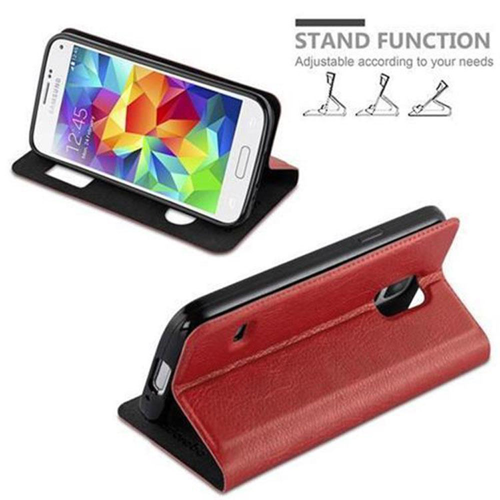 Teléfono en una funda roja, con función de soporte mostrada.