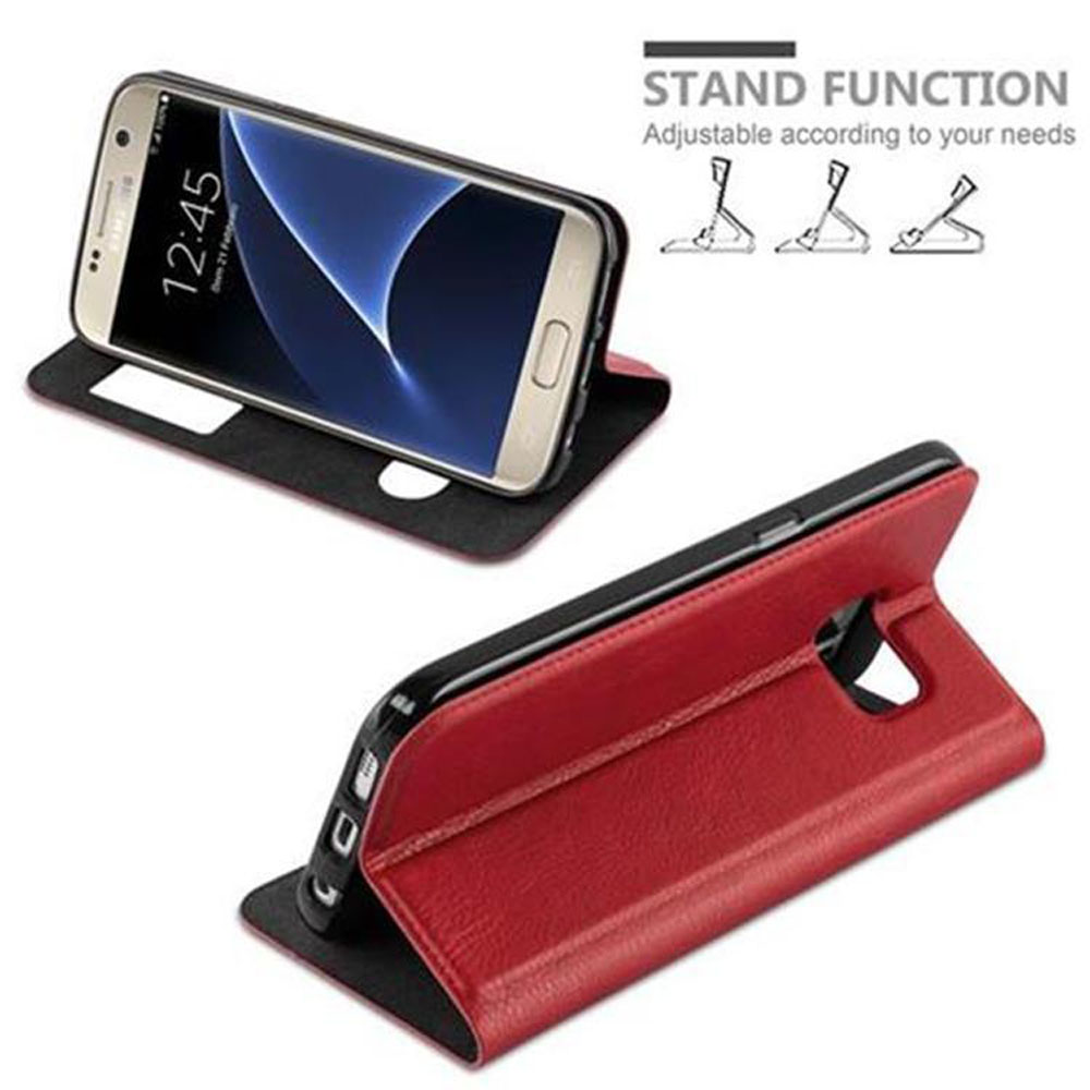 Telefono in custodia rossa, aperto e angolato, con descrizione della funzione stand. Schermo del telefono visibile.