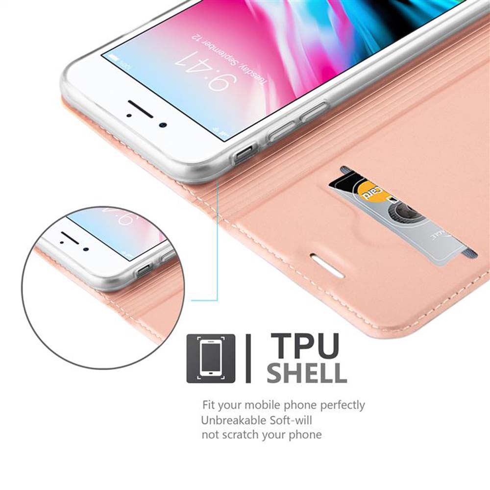 Un telefono in una custodia rosa con una carta. Il testo dice: TPU SHELL. Adatta perfettamente il tuo cellulare.