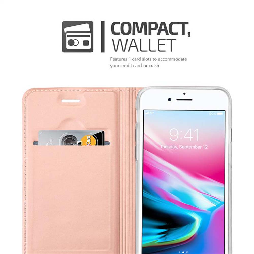 Custodia rosa per telefono con portafoglio aperto. Una carta è visibile. Lo sfondo è bianco.