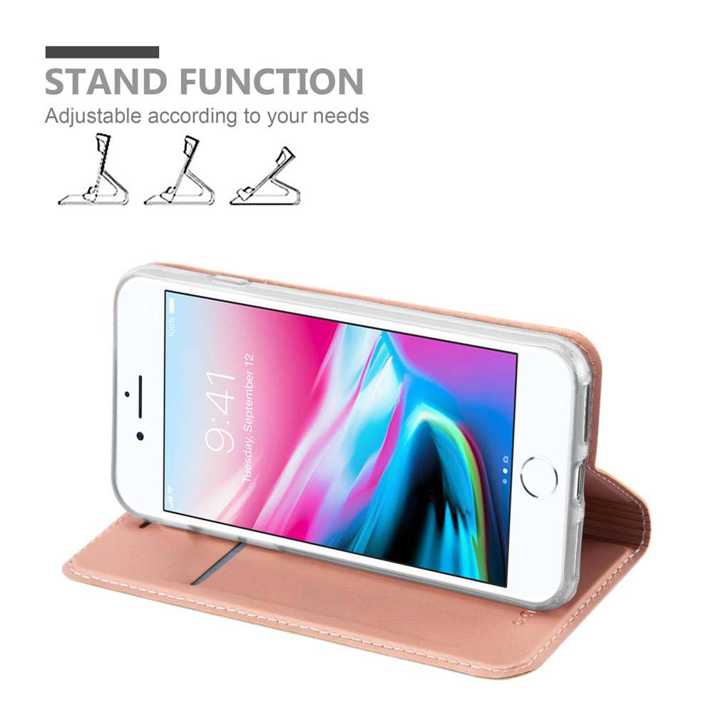 Una custodia rosa per telefono con un telefono all'interno. La custodia funge da supporto.