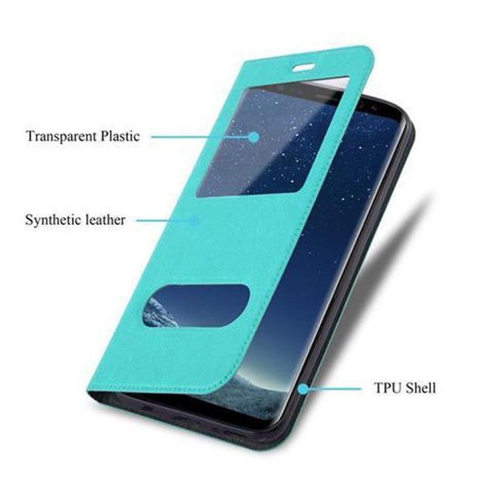 Custodia del telefono aperta, che mostra il telefono all'interno. Copertura in plastica trasparente, pelle sintetica, scocca in TPU.