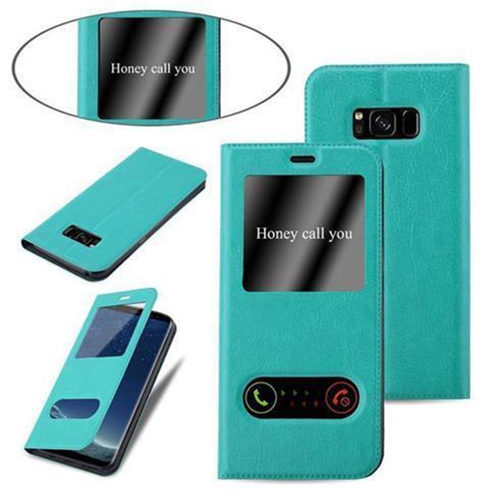 Custodia per telefono turchese con finestra. Custodia chiusa e aperta, che mostra lo schermo del telefono. Testo: 'Honey call you'.
