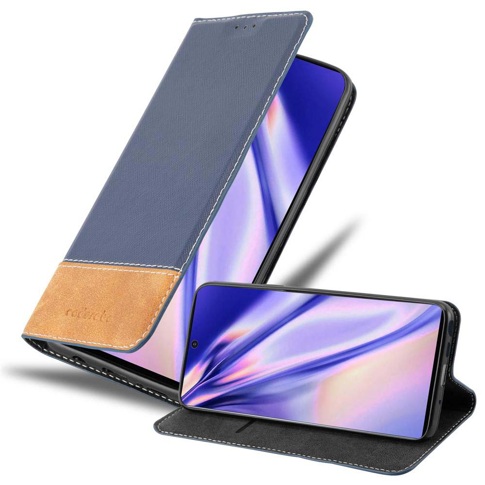 Custodia blu per telefono aperta, con un telefono all'interno. La cover è grigia e marrone. Il telefono è visibile. La custodia è aperta.