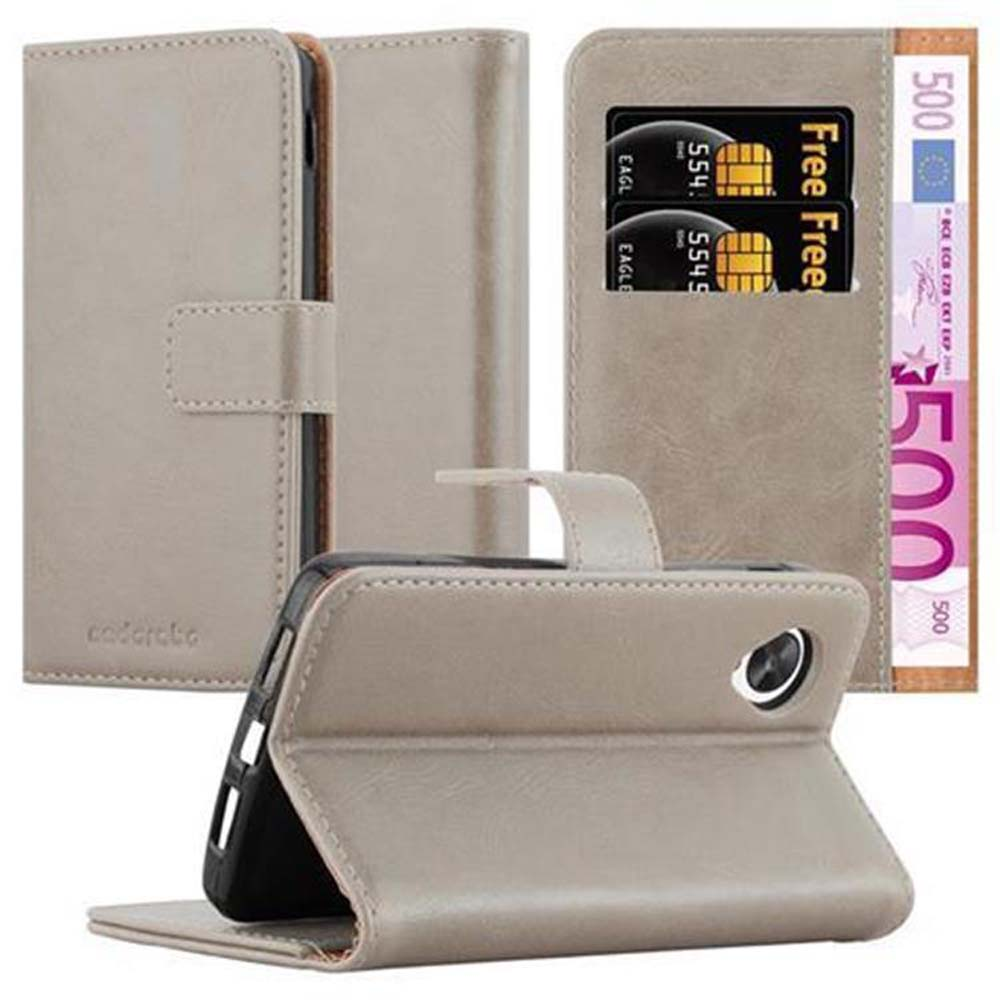 Funda de teléfono beige, abierta para mostrar un teléfono. Tarjetas de crédito y un billete de 500 euros están en la funda.