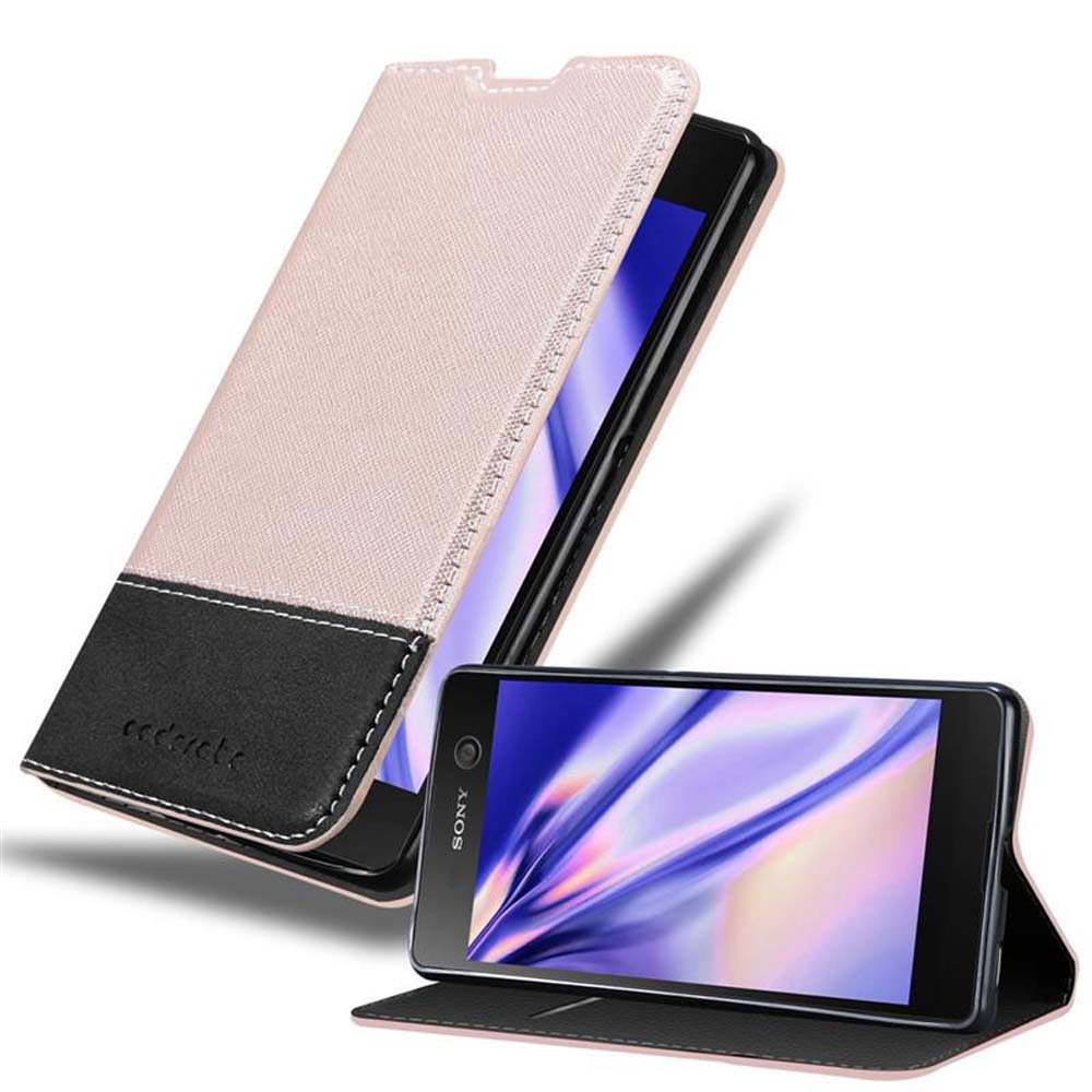 Teléfono en una funda rosa y negra. El teléfono está abierto. La funda tiene aspecto de cuero texturizado.