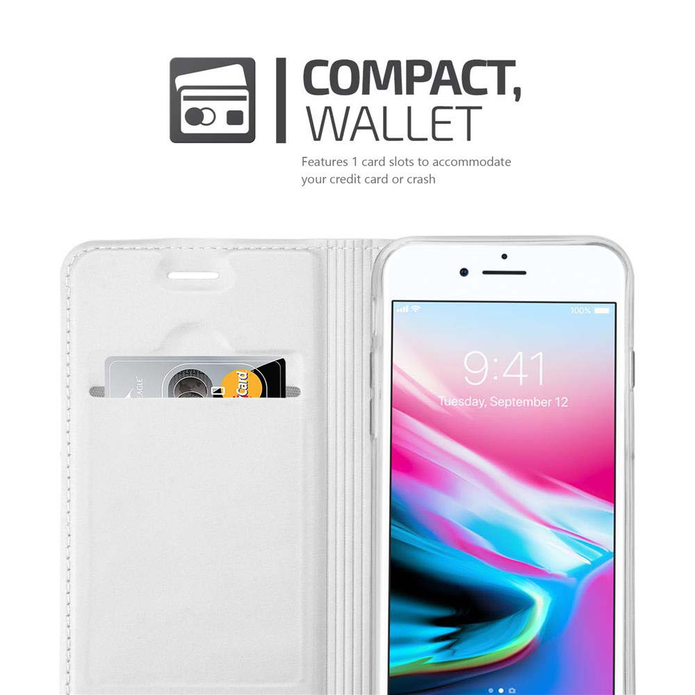 Custodia per telefono bianca con un telefono all'interno. Una carta di credito è nello slot per carte. Compact, Wallet.
