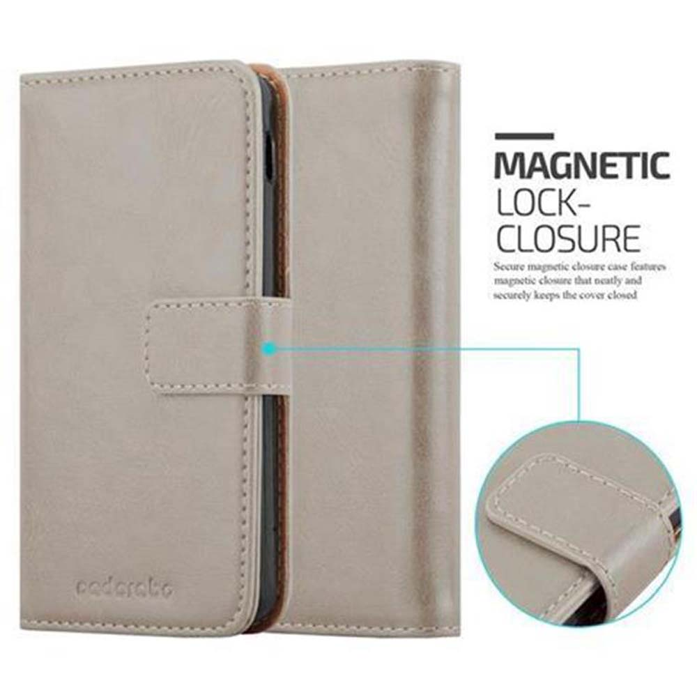 Funda para teléfono color beige con cierre magnético y costuras. Tiene un hueco para el teléfono.