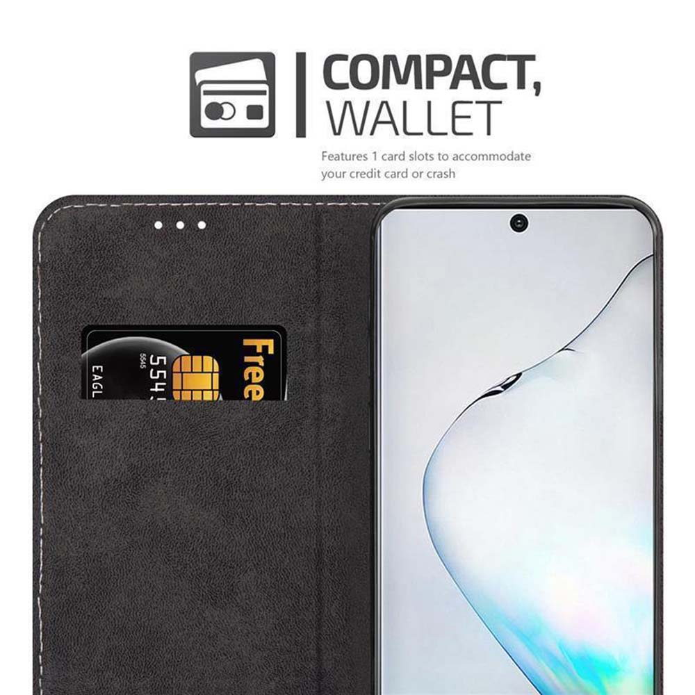 Custodia nera per telefono con slot per carte e carta di credito, testo 'COMPACT, WALLET'.