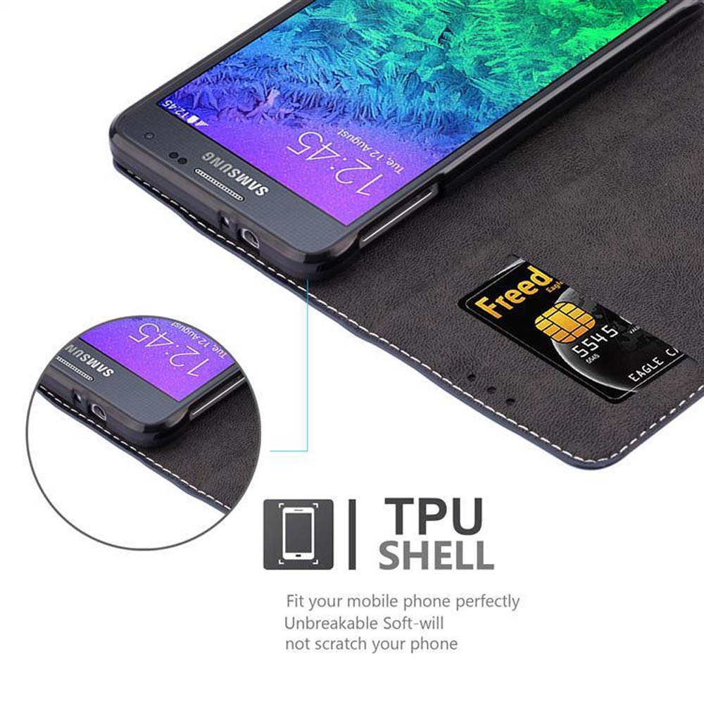 Telefon in schwarzer Hülle, offen mit Kreditkarte. TPU-Schalenbeschreibung. Telefonbildschirm ist sichtbar.