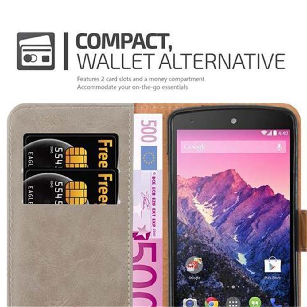 Una funda de teléfono con dos ranuras para tarjetas y un compartimento para dinero con un teléfono. El texto dice 'COMPACTO, ALTERNATIVA DE CARTERA'.