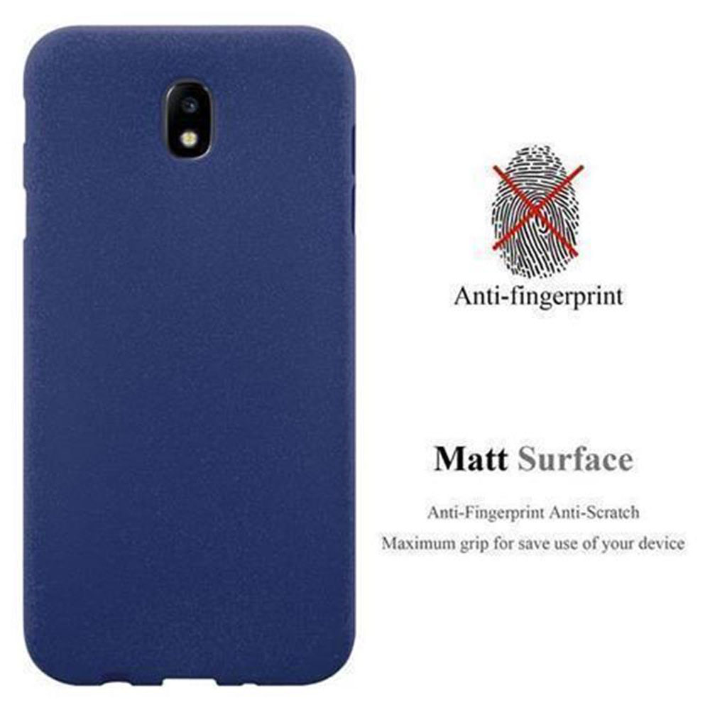 Una custodia blu a sinistra con testo anti-impronta e superficie opaca.