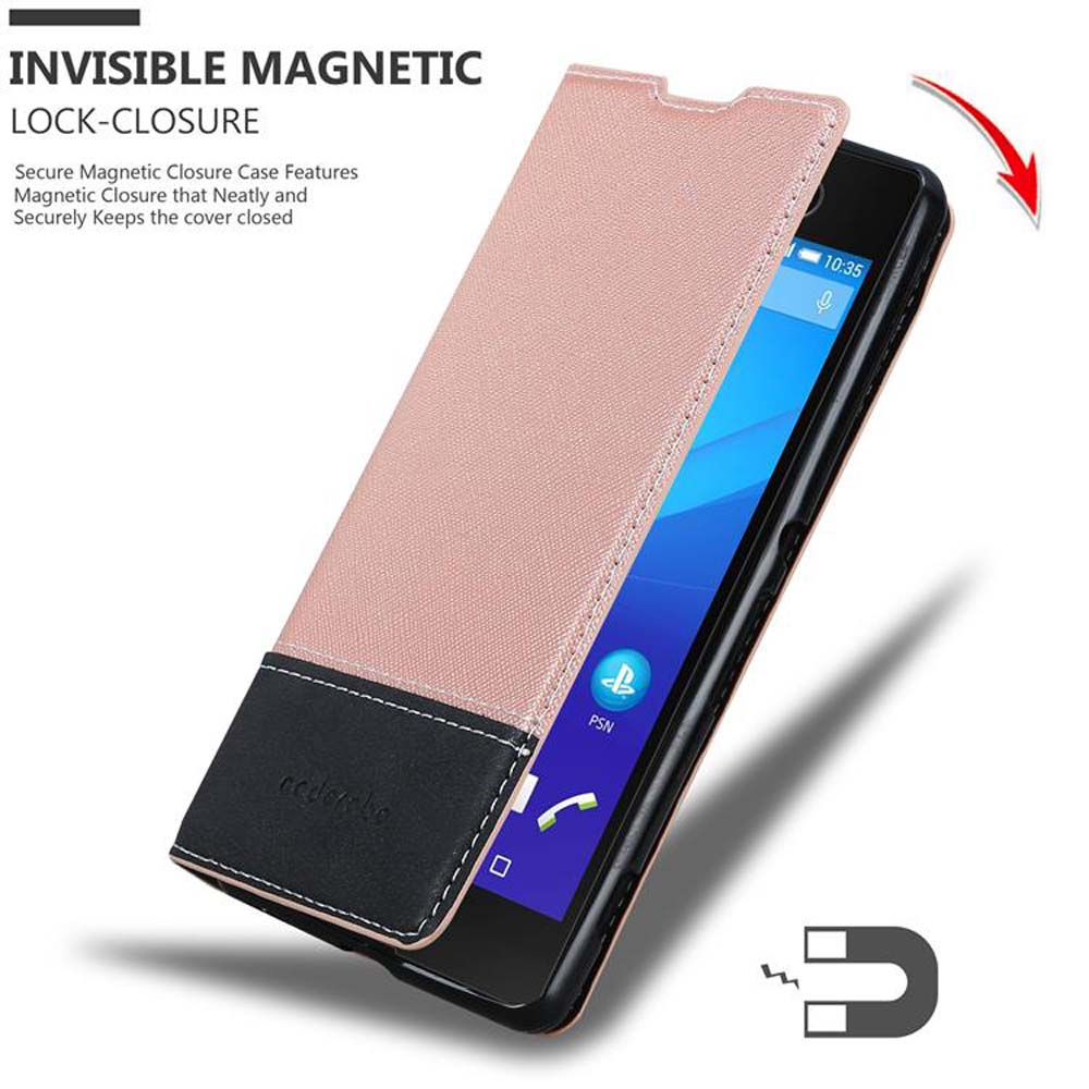 Una funda de teléfono rosa y negra, parcialmente abierta, que revela un teléfono con una aplicación azul en la pantalla.