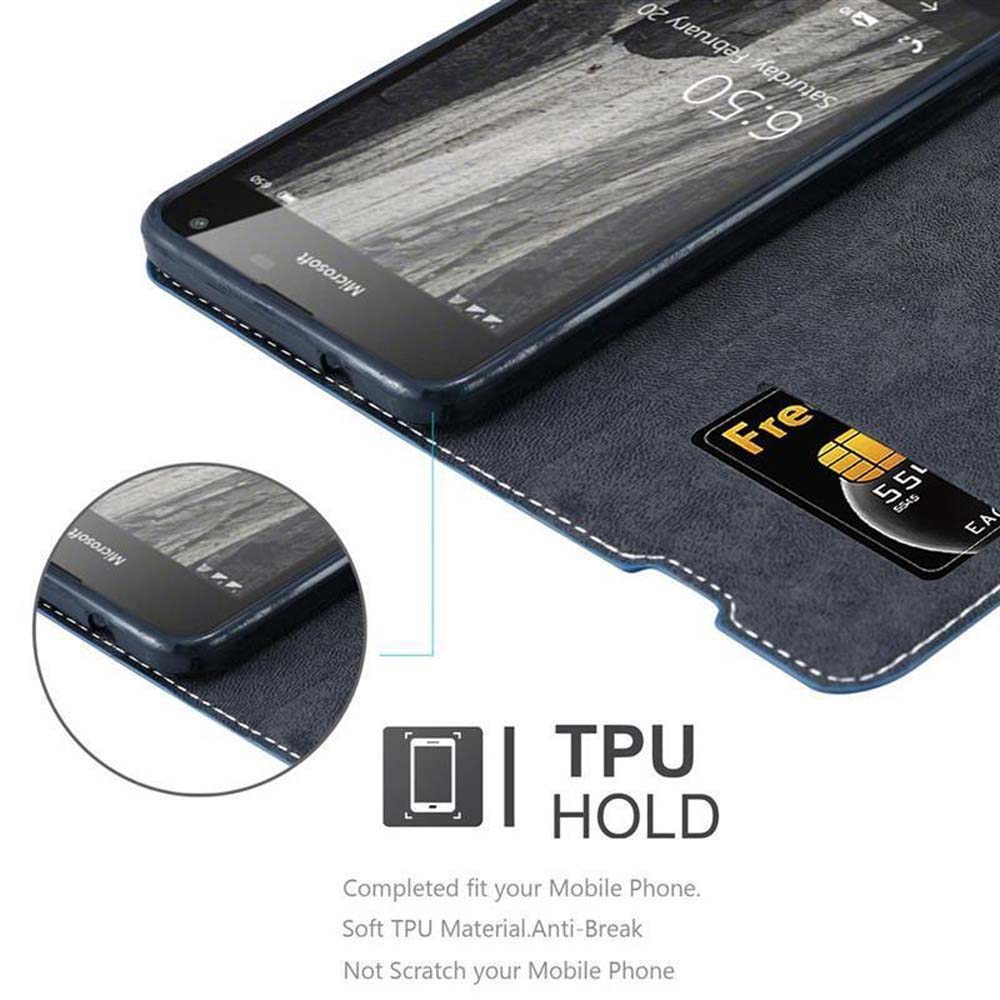 Teléfono dentro de una funda con tarjeta de crédito. Texto 'TPU HOLD' y características.