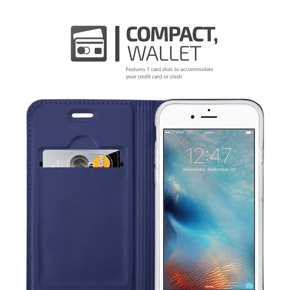 Ein Telefon in einer Brieftaschenhülle mit Kartenfach. Die Hülle ist offen und der Bildschirm des Telefons ist sichtbar.
