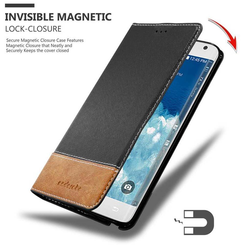 Custodia nera e marrone con telefono. Sistema di chiusura magnetica.