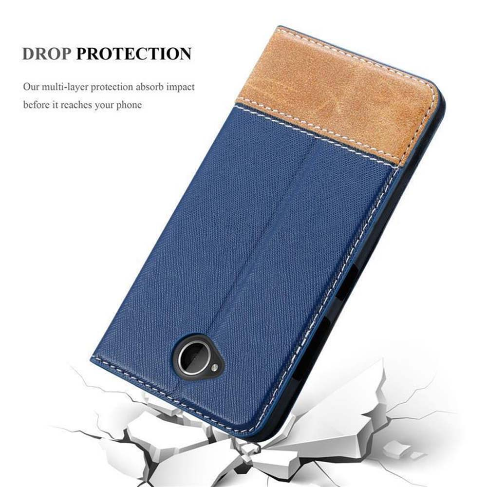 Funda de teléfono azul y marrón, protección contra caídas. Sobre superficie de concreto roto.