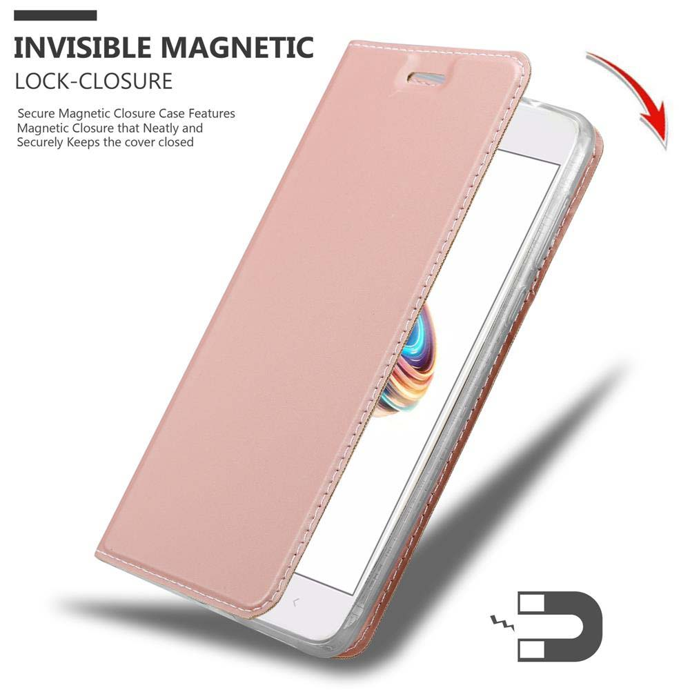 Custodia rosa per telefono aperta con telefono all'interno. Il testo dice chiusura magnetica invisibile. Icona magnete.
