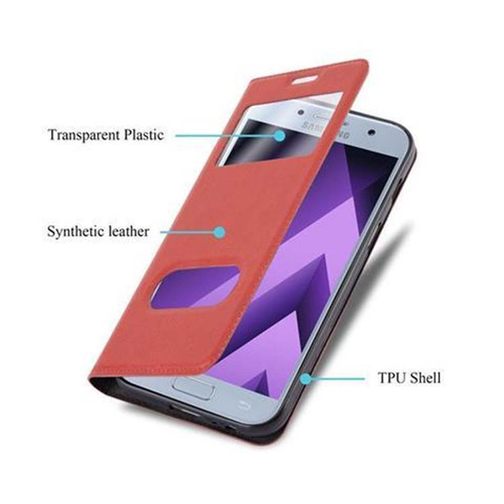 Custodia per telefono rossa con patta aperta. Patta in plastica trasparente, pelle sintetica e componenti della scocca in TPU sono contrassegnati.