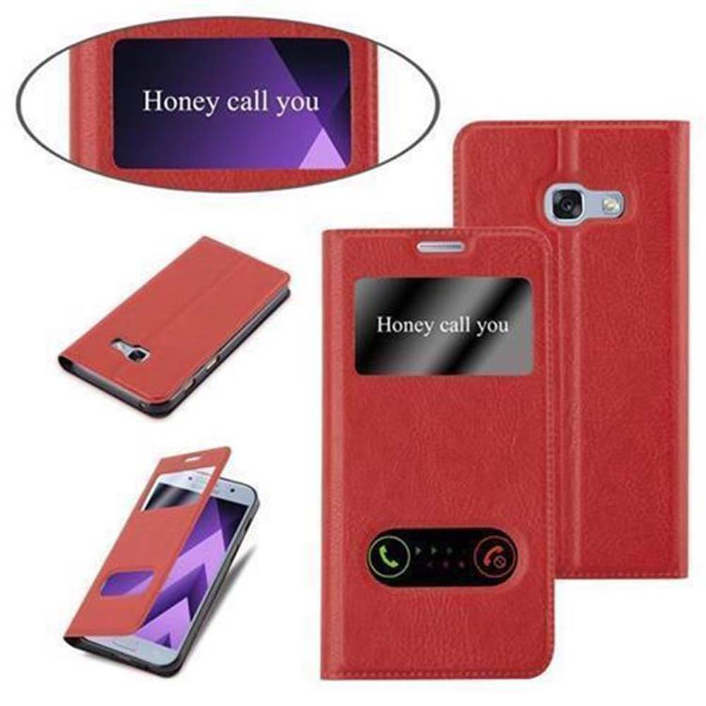 Custodia rossa con finestra. Testo nella finestra 'Honey call you'. Telefono in diverse viste.