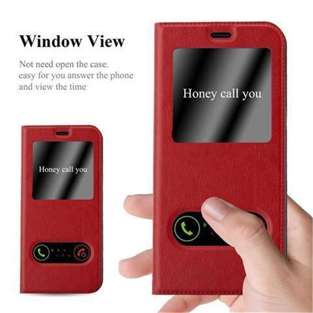 Custodia per telefono rossa. Telefono all'interno, con una finestra. La finestra mostra lo schermo del telefono. Angolazioni multiple.