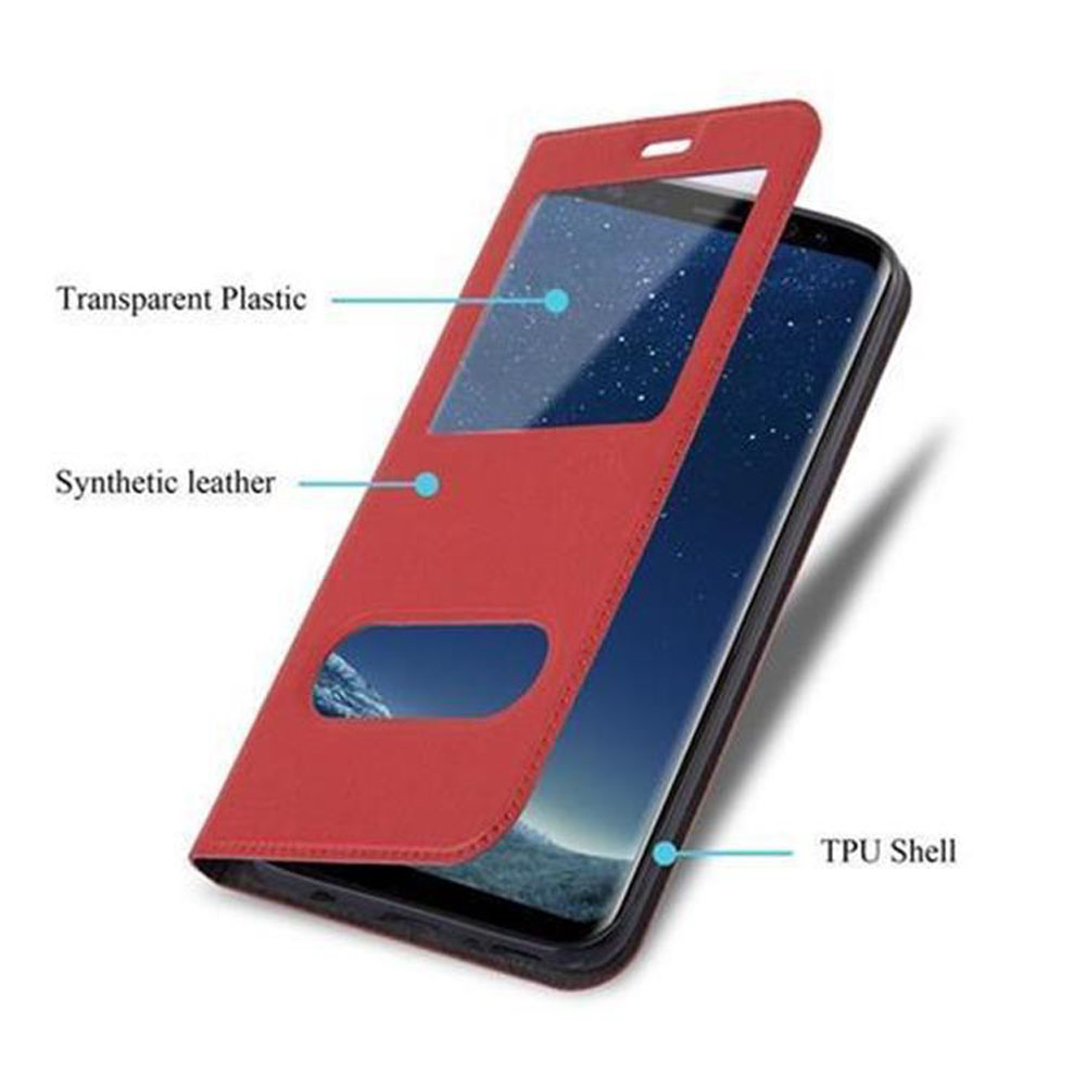Custodia rossa per telefono con plastica trasparente e pelle sintetica. Un telefono è all'interno.